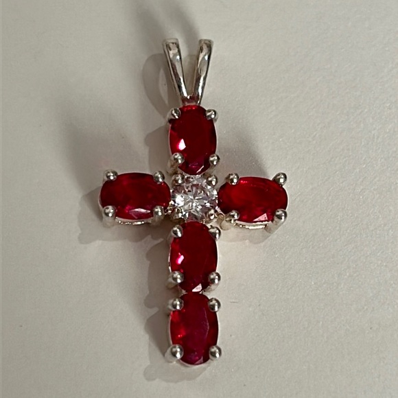 Sterling Silver Red Stone Cross - Picture 4 of 9